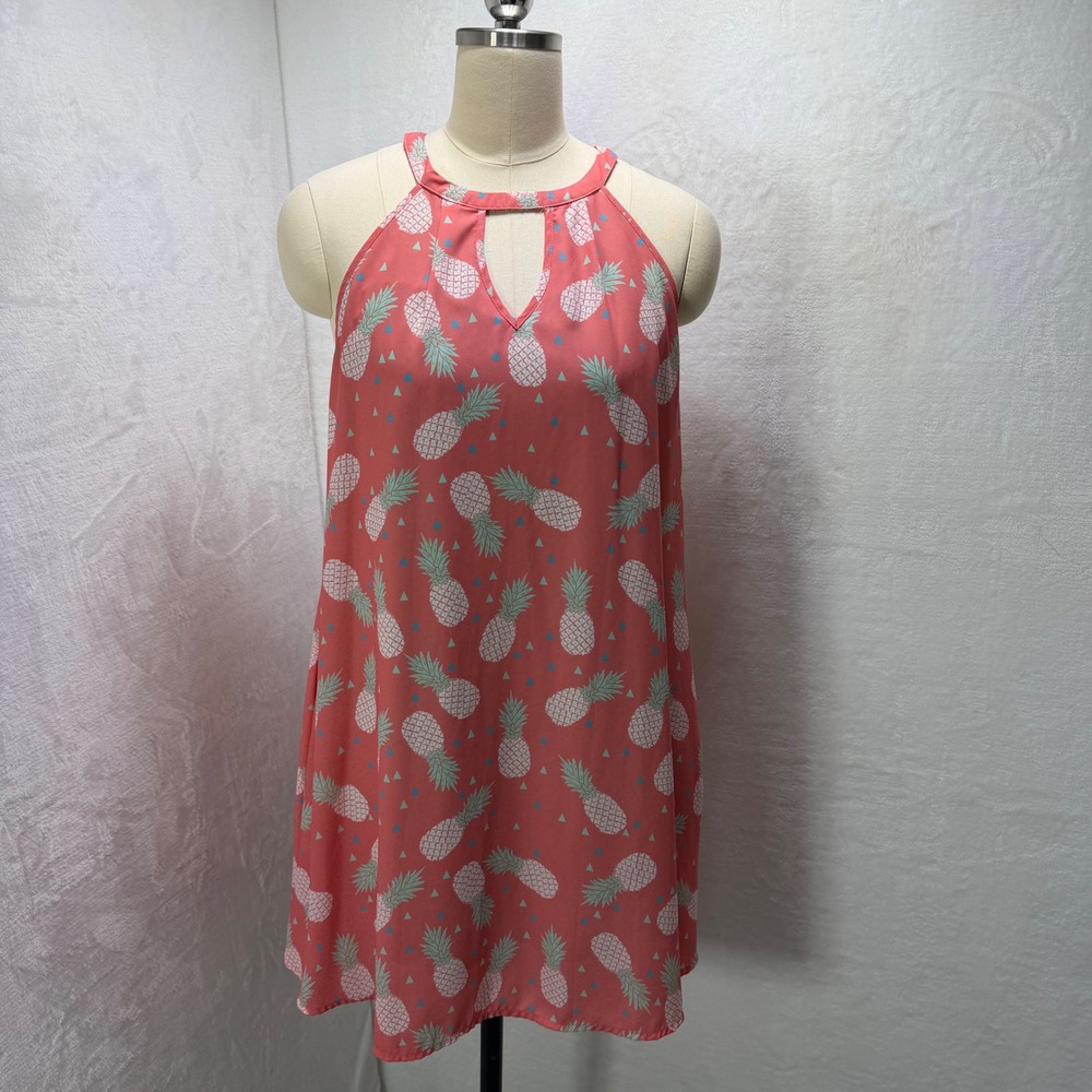 Jadelynn Brooke Womens M Coral Pineapple Print Halter Keyhole Lined Dress Vacay